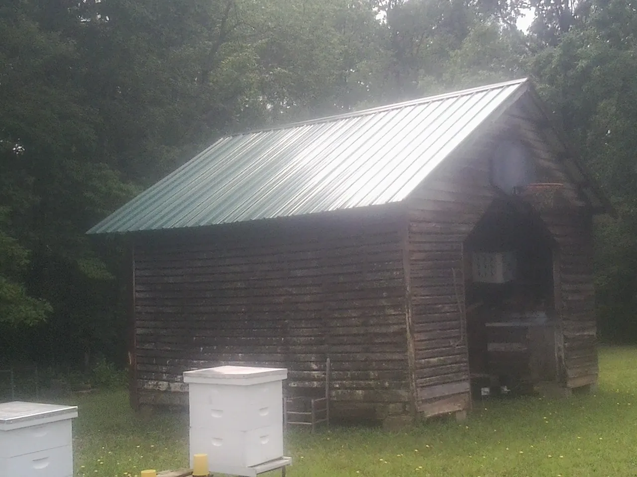 Green metal roof on a weathered barn beside stacked beehives in Utica